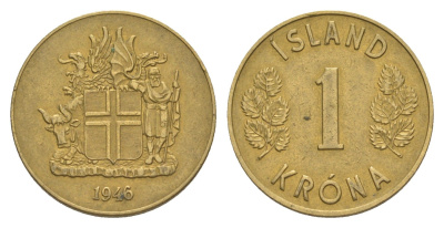 Исландия 1 крона 1946 KM 12 алюминиевая бронза 4633-1236