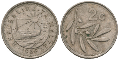 Мальта 2 цента 1986 оливковая ветвь KM 79 медно-никель 4528-942