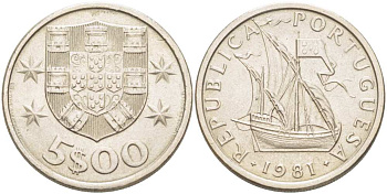 ПОРТУГАЛИЯ 5 ЭСКУДО 1981 ПАРУСНИК KM 591 медно-никель XF 4513-1053