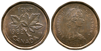 Канада 1 цент 1982 Елизавета II (1952-2022), кленовый лист KM 132 бронза 46-1945