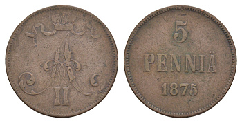 Россия для Финляндии 5 пенни 1875 Александр II (1855-1881) Биткин 663 медь 4654-111