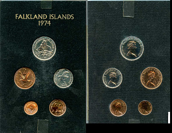 Фолклендские острова набор из 5 монет  1974 в оригинальной пластиковой упаковке, тираж 20000 экземпляров KM PS 1 PROOF 7-3-1-11