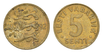 Эстония 5 сентов 1992 KM 21 латунь 4632-528