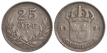 Швеция 25 эре 1928 G, Густав V (1907-1950) KM 785 серебро 4179-841