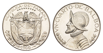 Панама 1/4 бальбоа (25 сентесимо) 1966 тираж 13.000 экземпляров KM 11.2a медь плакированная медно-никелем PROOF 1522-243