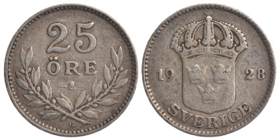 Швеция 25 эре 1928 G, Густав V (1907-1950) KM 785 серебро 4179-841