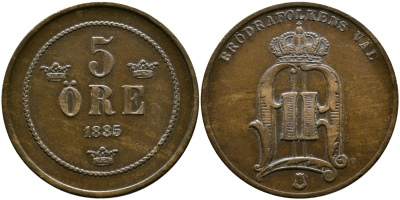 Швеция 5 эре 1885 Оскар II (1872-1907) король Швеции и Норвегии KM 736 бронза 51-5112