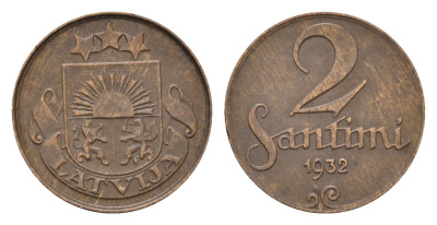 Латвия 2 сантима 1932 KM 2 бронза 4679-243