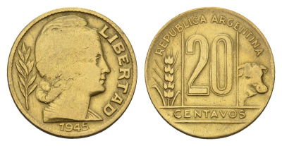 Аргентина 20 сентаво 1945 KM 42 алюминиевая бронза 4687-955