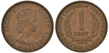 Британские Восточно-Карибские территории 1 цент 1959 Елизавета II (1952-2022) KM 2 бронза 4163-615