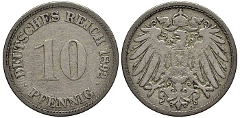 ГЕРМАНИЯ 10 ПФЕННИГОВ 1892 D KM 12, Jager 13, Weege 8 медно-никель 4513-747