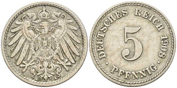 Германия 5 пфеннигов 1908 A KM 11, Jager 12, Weege 6 медно-никель 206-1222