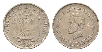 Эквадор 10 сентаво 1924 KM 66 медно-никель 1528-1415
