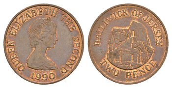 Джерси 2 пенса 1990 Сент-Хелиер, Елизавета II (1952-2022) KM 55 бронза 4656-1127