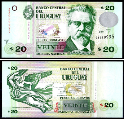 Уругвай 20 песо 2011 Pick 86 b бумага UNC (пресс) 402-48-2-1