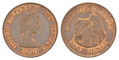 Джерси 2 пенса 1990 Сент-Хелиер, Елизавета II (1952-2022) KM 55 бронза 4656-1127