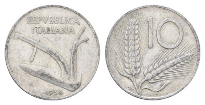Италия 10 лир 1954 R, плуг, колосья KM 93 алюминий 4704-526