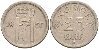 НОРВЕГИЯ 25 ЭРЕ 1955 KM 401 медно-никель 63-334