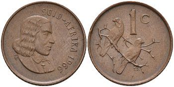 ЮАР 1 цент 1966 Ян ван Рибек (1619-1677), Suid Africa, легенда на африкаанс, капские воробьи KM 65.2 бронза 4594-133