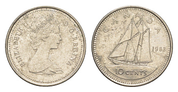 Канада 10 центов 1983 Елизавета II (1952-2022), парусник KM 77 никель 4639-645
