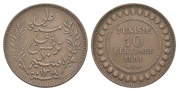 Тунис 10 сантимов 1891 A KM 222 бронза 4634-841