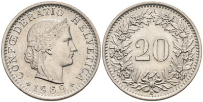 Швейцария 20 раппенов 1969 В KM 29а медно-никель 92-1255