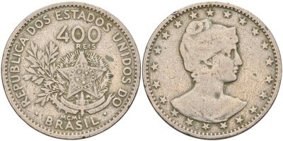 Бразилия 400 рейс 1901 голова свободы вправо KM 505 медно-никель 4367-234