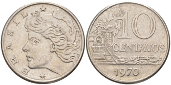 БРАЗИЛИЯ 10 СЕНТАВО 1970 KM 578.2 медно-никель 219-822