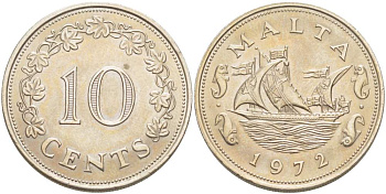 Мальта 10 центов 1972 баржа Великого магистра KM 11 медно-никель 4521-1132