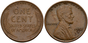 США 1 цент 1952 D, Авраам Линкольн KM A132 латунь 4121-837
