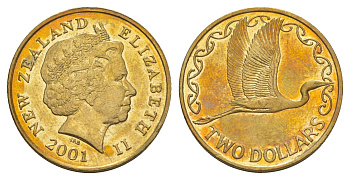 Новая Зеландия 2 доллара 2001 Елизавета II (1952-2022), большая белая цапля, редкий год KM 121 алюминиевая бронза 413-1014