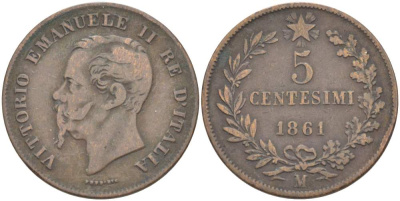 ИТАЛИЯ 5 ЧЕНТЕЗИМО 1861 М, МОНДВОР МИЛАН, ВИКТОР ЭММАНУИЛ II (1861-1878) KM 3.2 медь 4182-1244