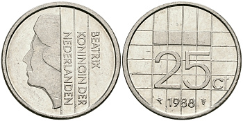НИДЕРЛАНДЫ 25 ЦЕНТОВ 1988 БЕАТРИКС KM 204 никель 96-319