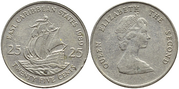 Восточно-Карибские штаты 25 центов 1989 Елизавета II (1952-2022), парусник KM 14 медно-никель 85-233