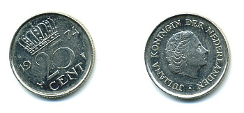 НИДЕРЛАНДЫ 25 ЦЕНТОВ 1974 ЮЛИАНА KM 183 никель 76-523