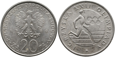 Польша 20 злотых 1980 MW, XXII летние Олимпийские Игры, Москва 1980, бегун KM 108, Parchimowicz 252 медно-никель UNC 441-921