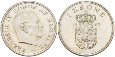 ДАНИЯ 1 КРОНА 1967 C;S, ФРЕДЕРИК IX (1947-1972) KM 851.1 медно-никель 202-815