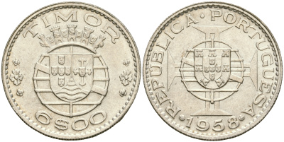 Португальский Тимор 6 эскудо 1958 год тип KM 15 серебро aUNC 4364-1647