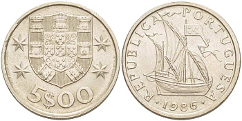 ПОРТУГАЛИЯ 5 ЭСКУДО 1986 ПАРУСНИК KM 591 медно-никель 4513-1111