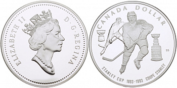 Канада 1 доллар 1993 кубок Стенли по хоккею с шайбой KM 235 серебро PROOF 1071-10-43
