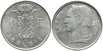 Бельгия 1 франк 1975 Belgie, Бодуэн I (1951-1993) KM 143.1 медно-никель 4381-545