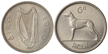 Ирландия 6 пенсов 1950 ирландский волкодав KM 13a медно-никель aUNC 1525-843