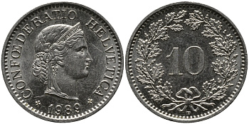 ШВЕЙЦАРИЯ 10 РАППЕНОВ 1989 В KM 27 медно-никель 33-255