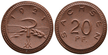 Саксония 20 пфеннигов 1921 колосья и серп J. N 53 фарфор UNC 1094-8-31