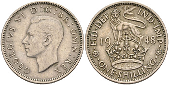 Великобритания 1 шиллинг 1948 Георг VI (1936-1952), Английский герб KM 863, Spink 4103 медно-никель 4126-444