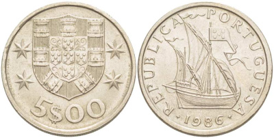 ПОРТУГАЛИЯ 5 ЭСКУДО 1986 ПАРУСНИК KM 591 медно-никель 4513-1111