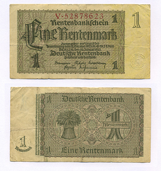 ГЕРМАНИЯ 1 РЕНТЕНМАРКА 1937 8 ЦИФР В НОМЕРЕ Pick 173b бумага 7146-30-3-1