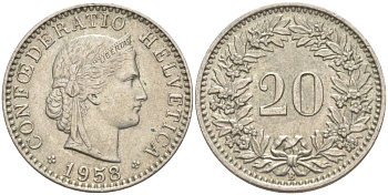 ШВЕЙЦАРИЯ 20 РАППЕНОВ 1958 В KM 29a медно-никель 55-744