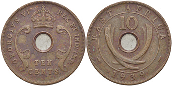 Британская Восточная Африка 10 центов 1939 Георг VI (1936-1952) KM 26.1 бронза 3333-1141