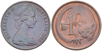 АВСТРАЛИЯ 1 ЦЕНТ 1980 ЕЛИЗАВЕТА II, МОЛОДОЙ ПОРТРЕТ, ОПОССУМ КМ 62 бронза 3851-1117